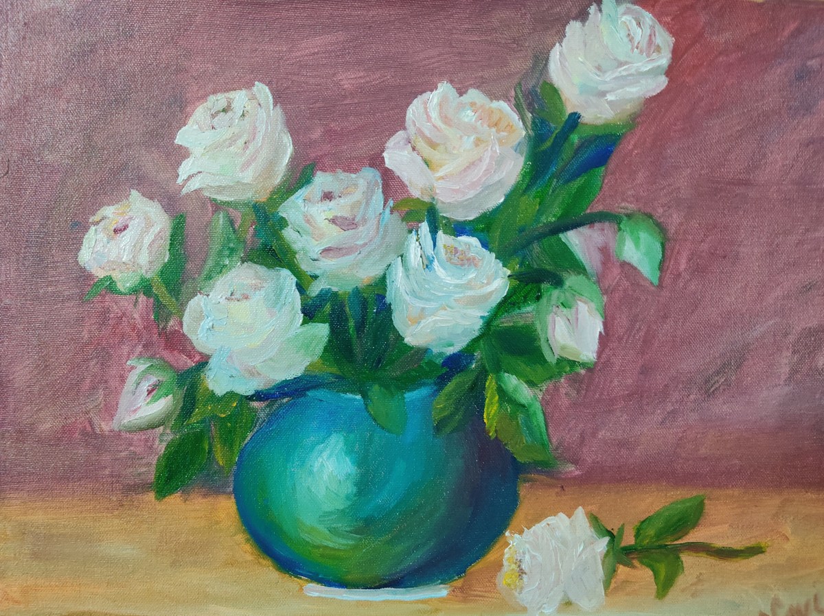 White roses in a vase oil painting by Navdeep Kular