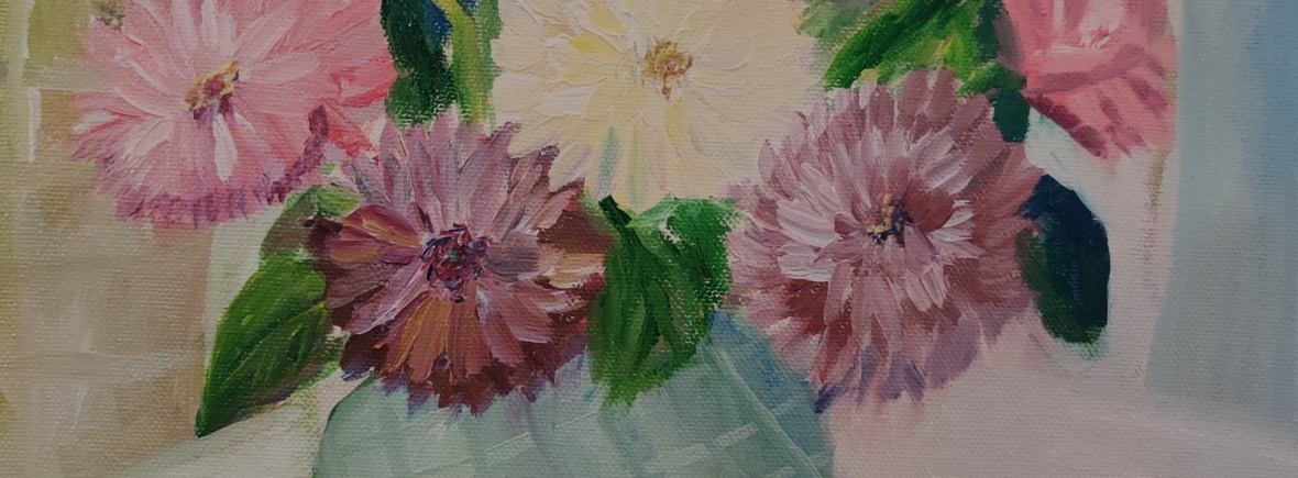 Dahlias in a vase oil painting by Navdeep Kular