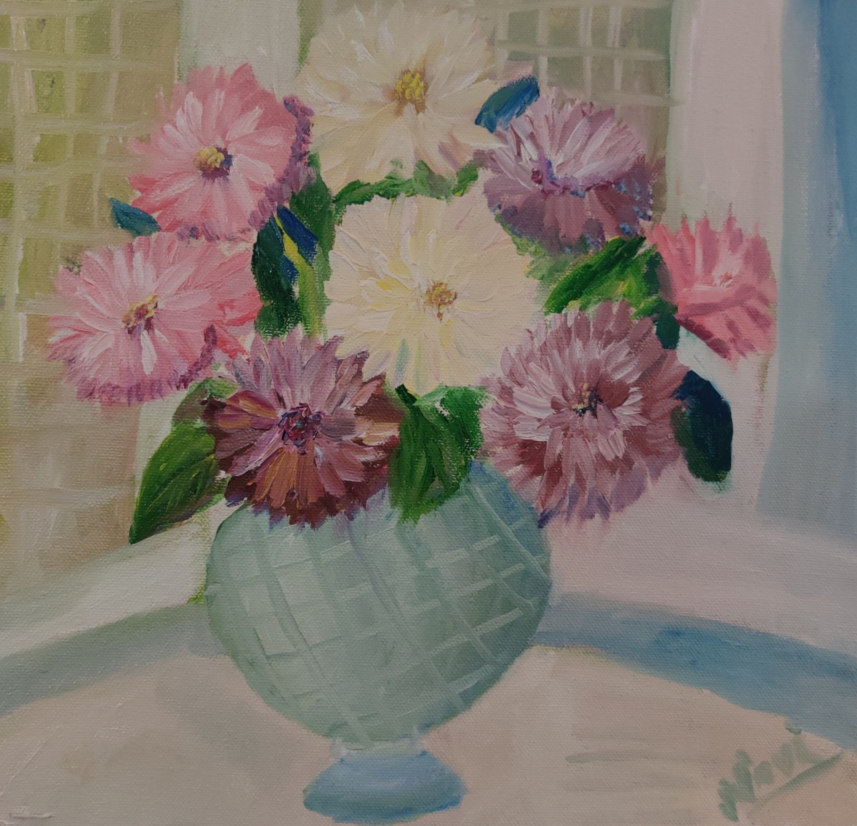 Dahlias in a vase oil painting by Navdeep Kular
